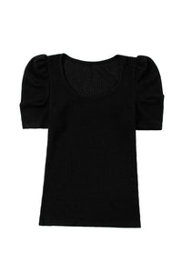 Black Waffle Knit Ruched, Puff-Sleeve Top