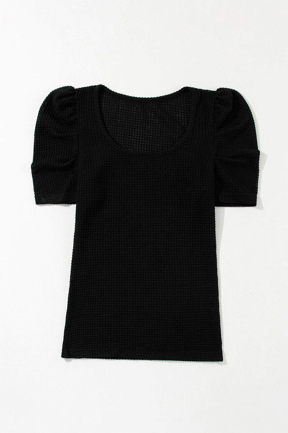 Black Waffle Knit Ruched, Puff-Sleeve Top