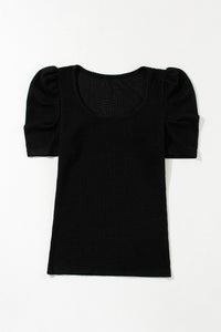 Black Waffle Knit Ruched, Puff-Sleeve Top