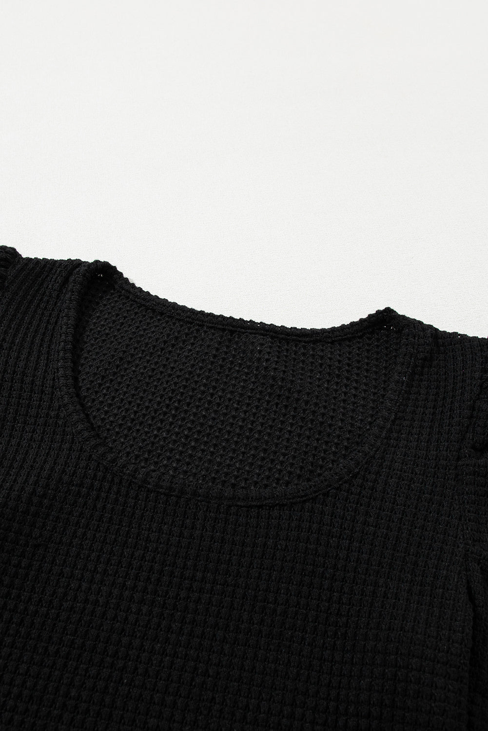 Black Waffle Knit Ruched, Puff-Sleeve Top