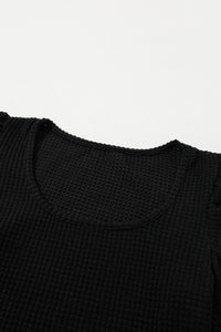 Black Waffle Knit Ruched, Puff-Sleeve Top