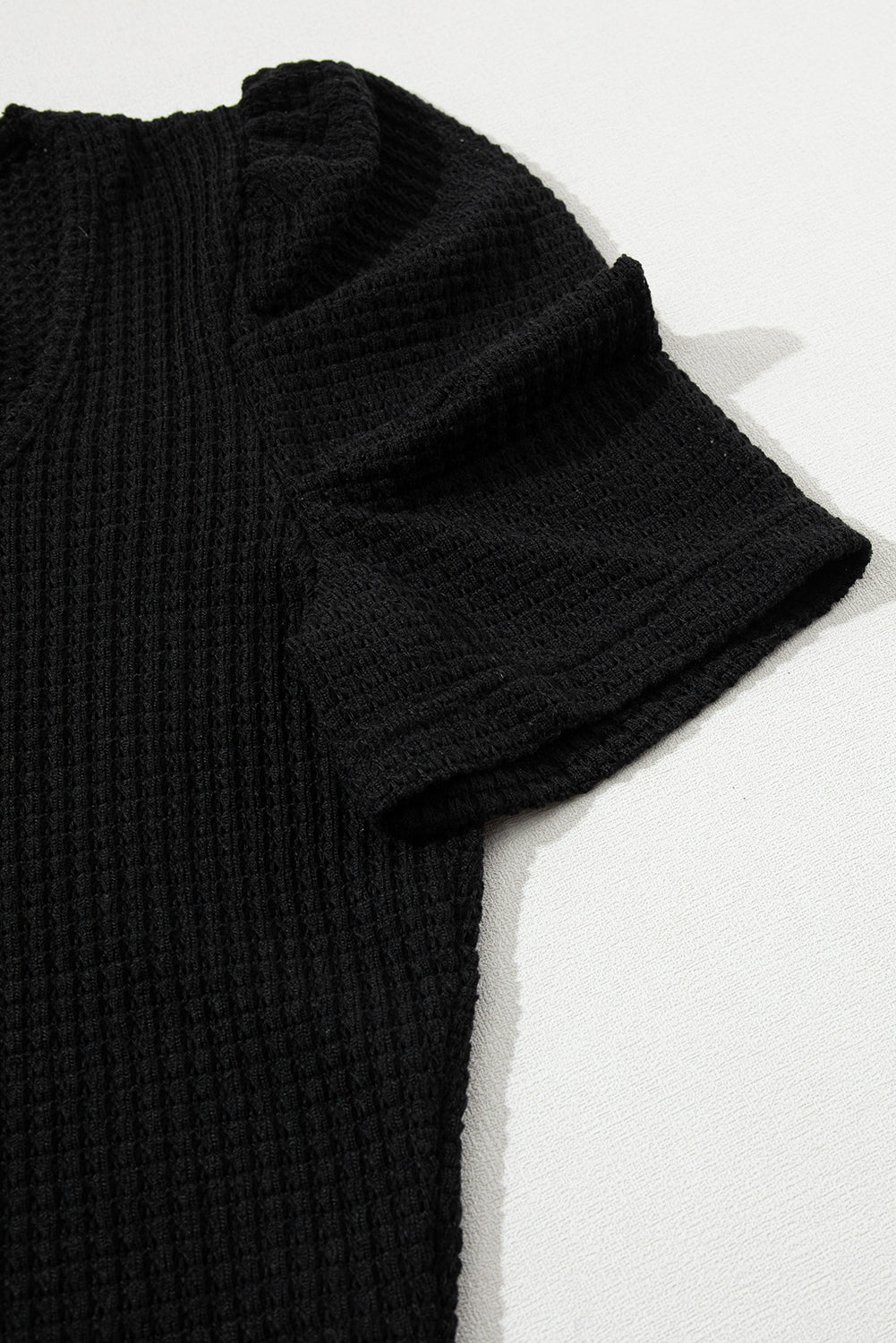 Black Waffle Knit Ruched, Puff-Sleeve Top