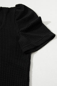 Black Waffle Knit Ruched, Puff-Sleeve Top