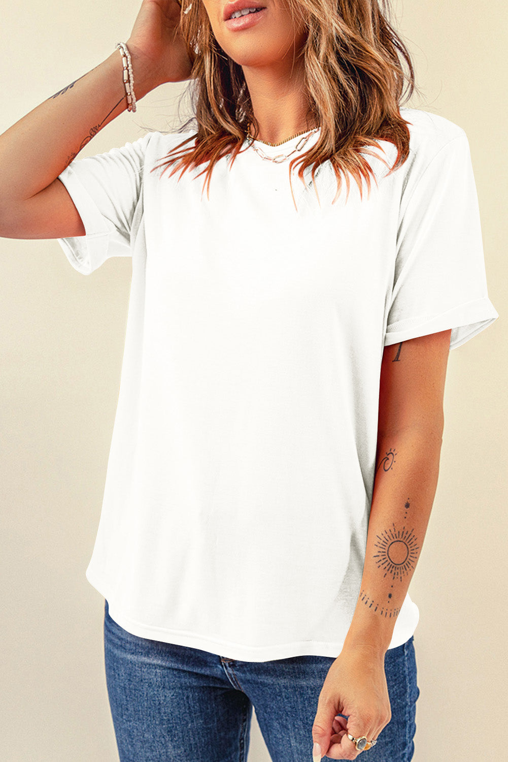 Casual (White) Basic T-Shirt with Cuffed Sleeves
