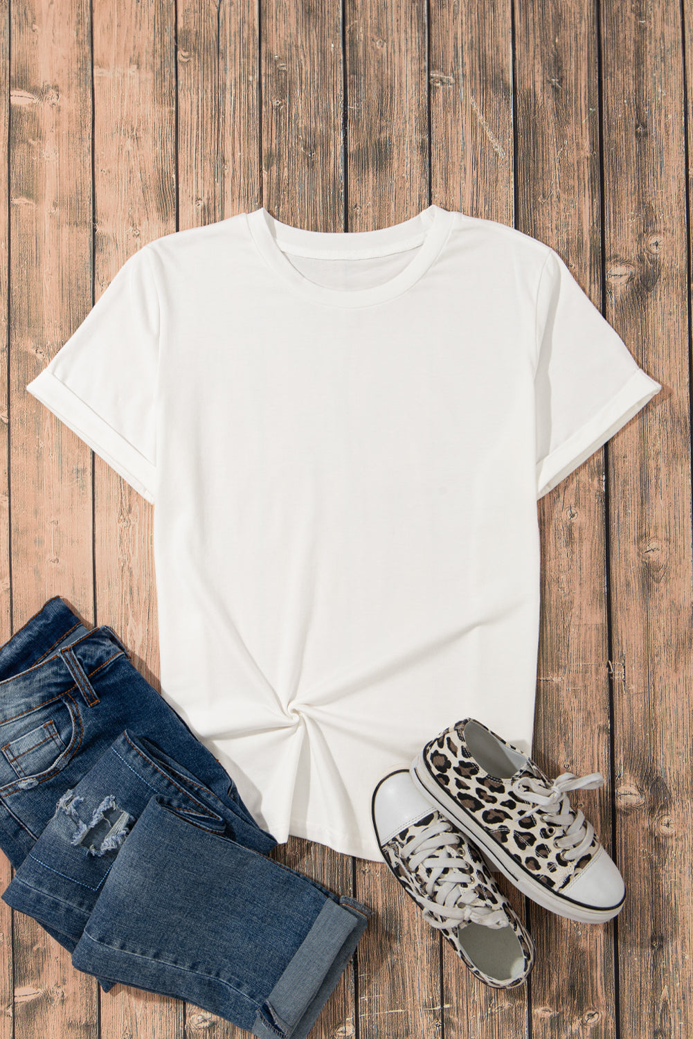 Casual (White) Basic T-Shirt with Cuffed Sleeves