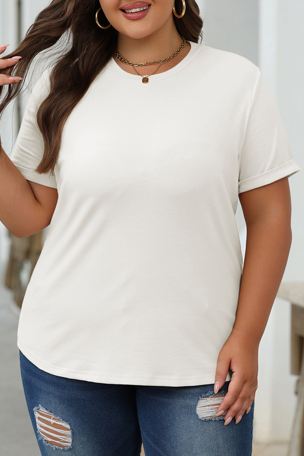 Casual (White) Basic T-Shirt with Cuffed Sleeves