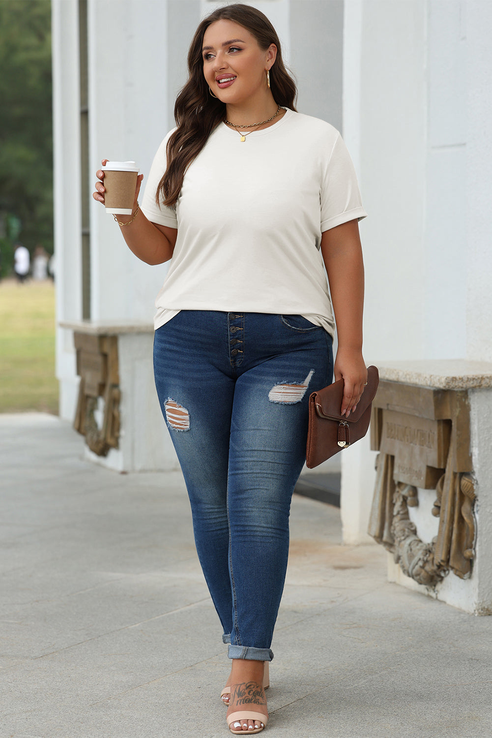 Casual (White) Basic T-Shirt with Cuffed Sleeves