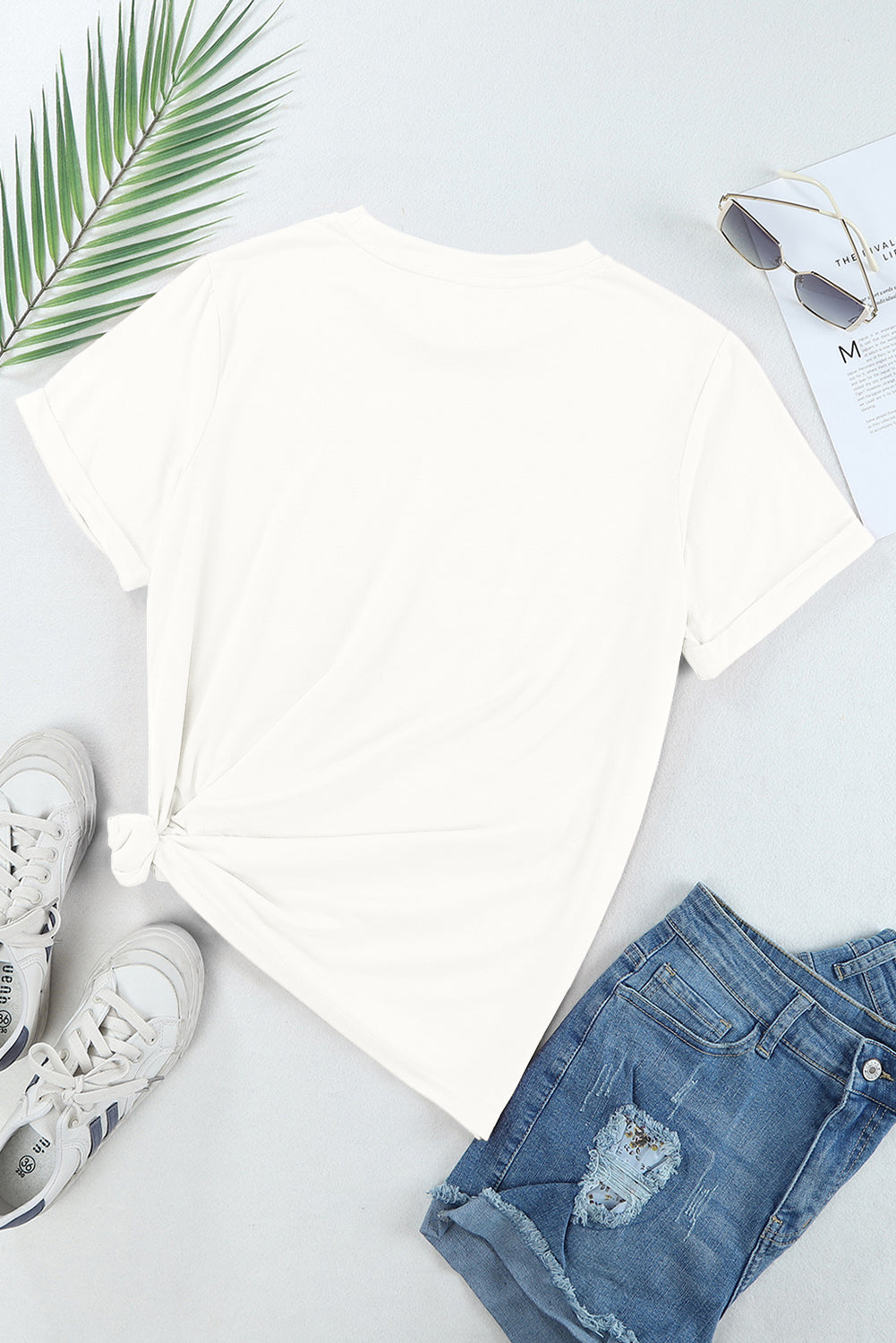 Casual (White) Basic T-Shirt with Cuffed Sleeves