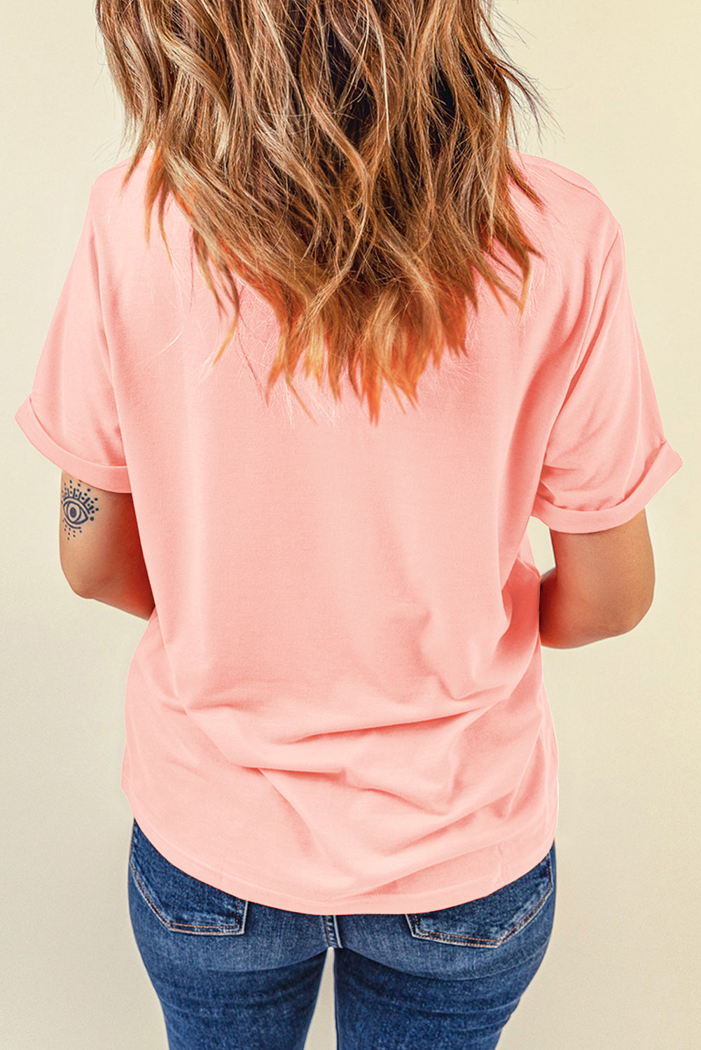 Casual (Pink) Basic T-Shirt with Cuffed Sleeves