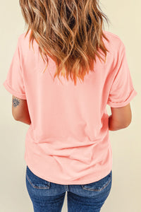Casual (Pink) Basic T-Shirt with Cuffed Sleeves