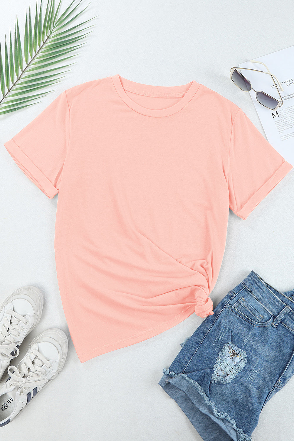 Casual (Pink) Basic T-Shirt with Cuffed Sleeves