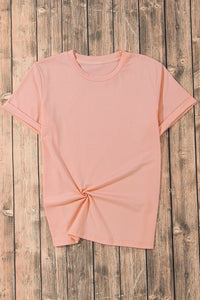 Casual (Pink) Basic T-Shirt with Cuffed Sleeves