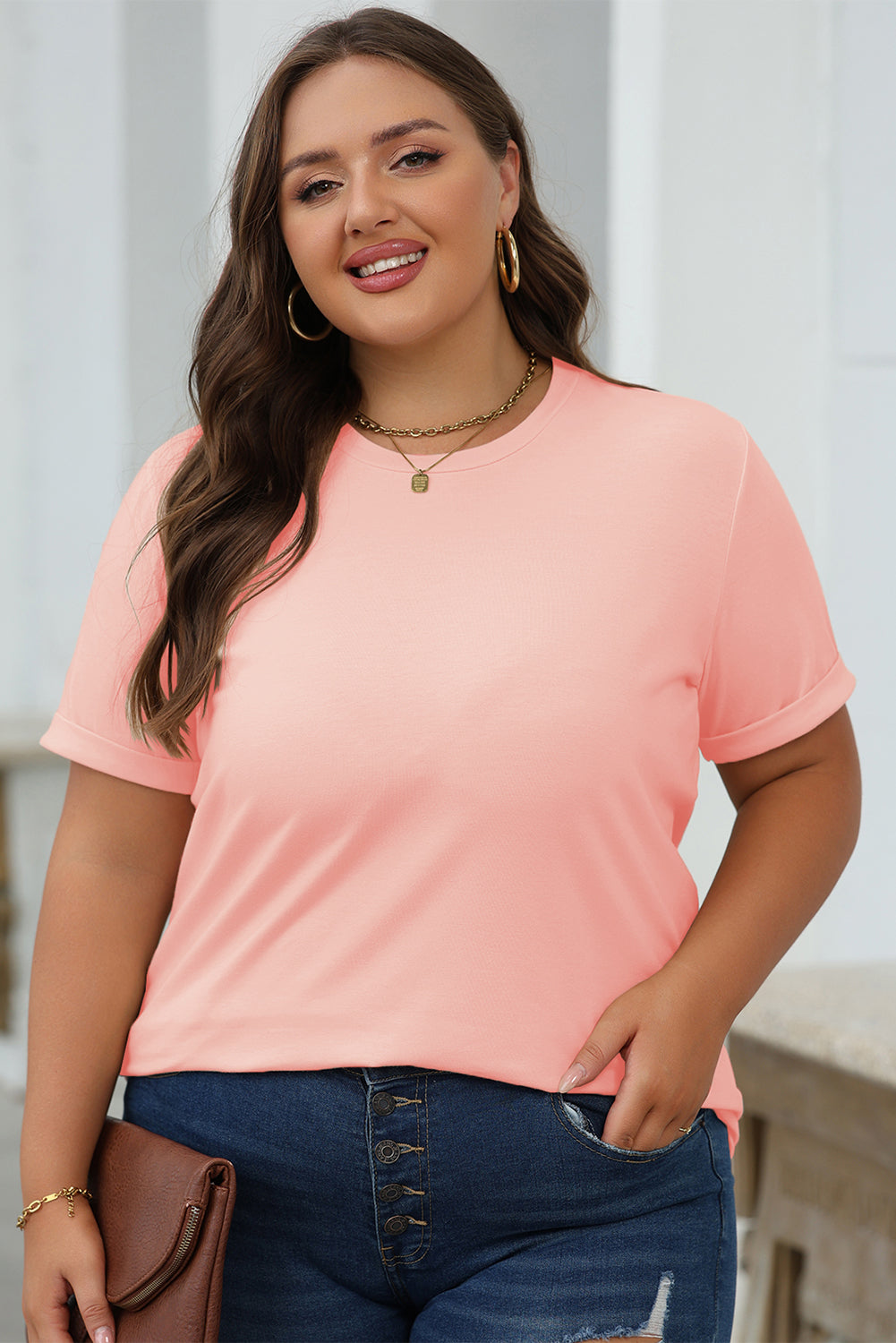 Casual (Pink) Basic T-Shirt with Cuffed Sleeves