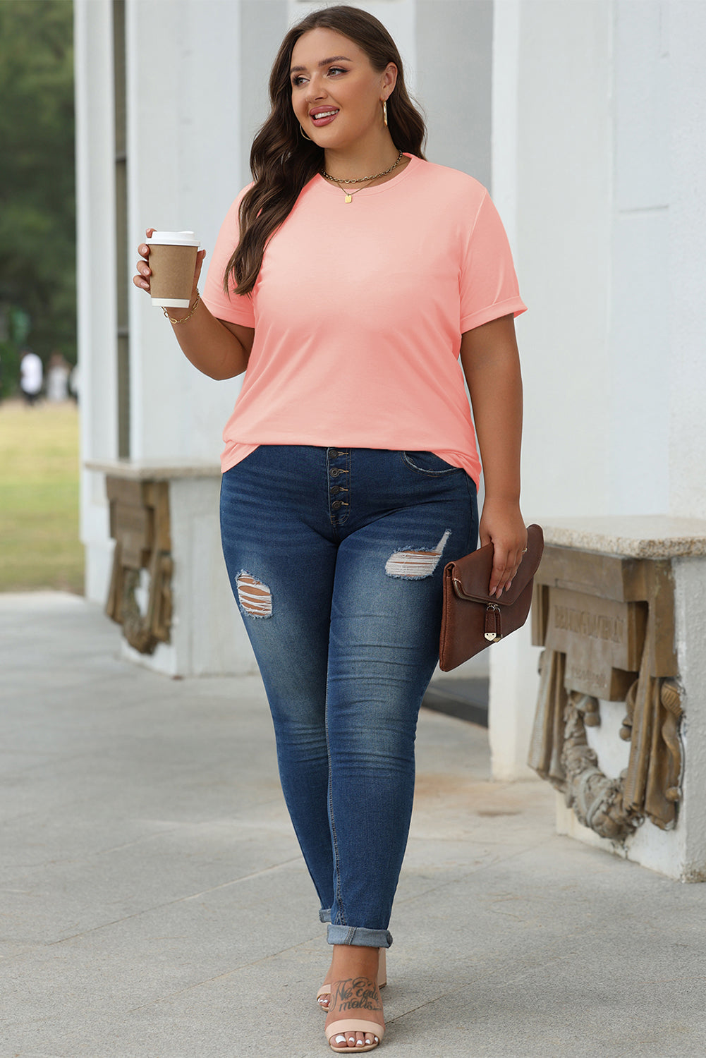 Casual (Pink) Basic T-Shirt with Cuffed Sleeves