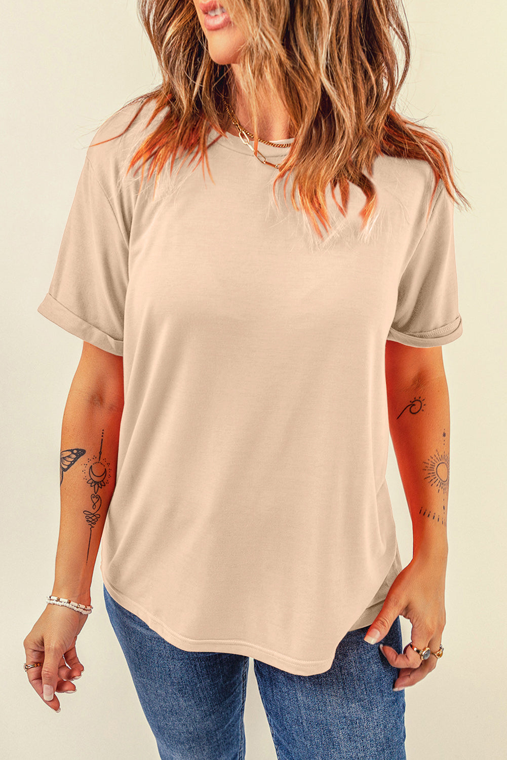 Casual (Tan) Basic T-Shirt with Cuffed Sleeves