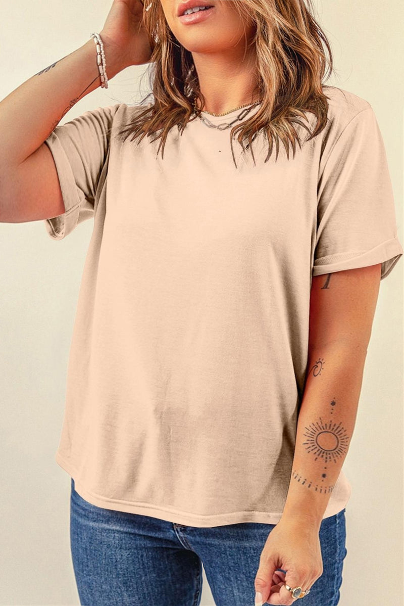 Casual (Tan) Basic T-Shirt with Cuffed Sleeves