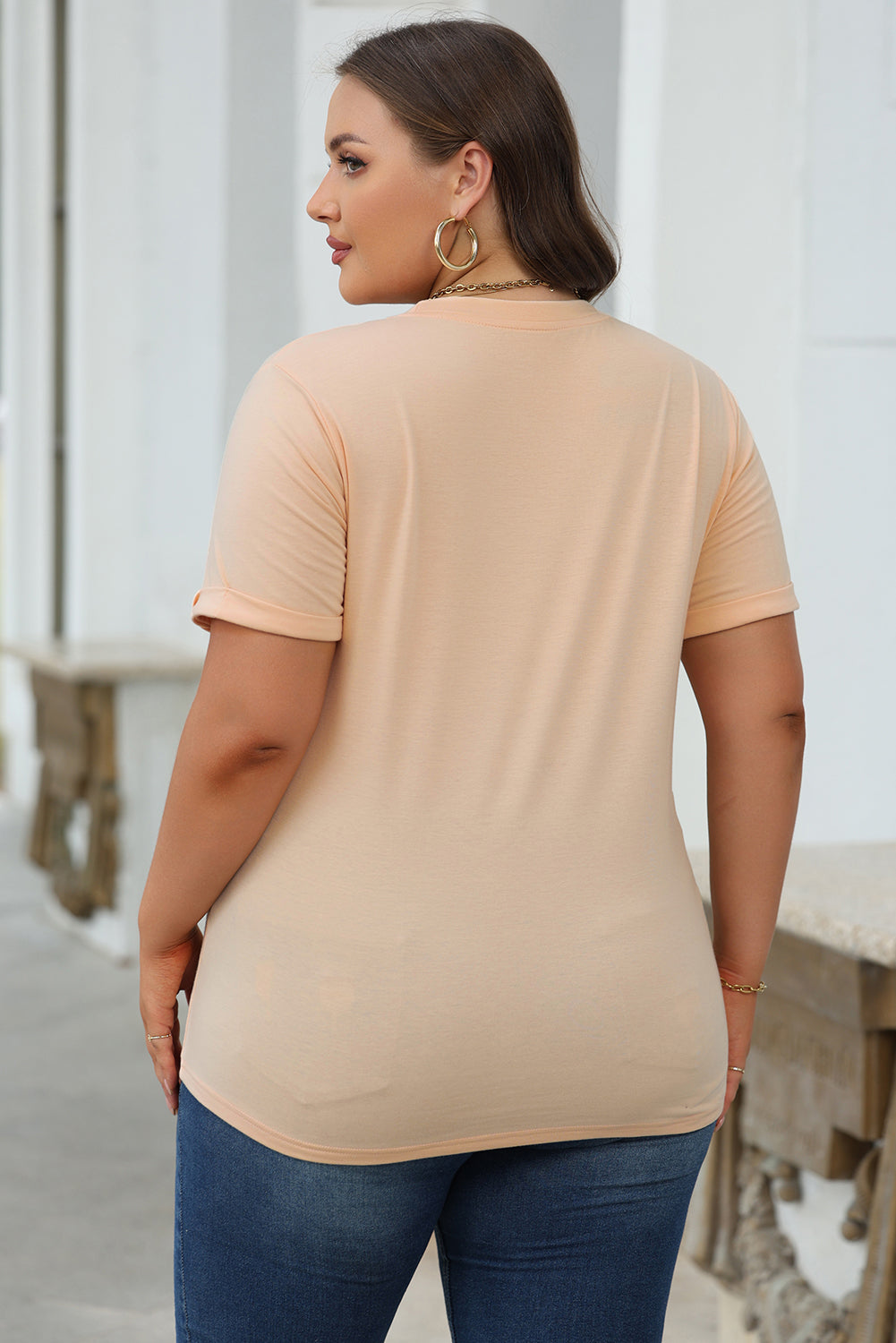 Casual (Tan) Basic T-Shirt with Cuffed Sleeves