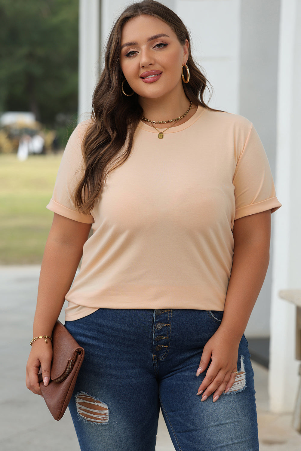 Casual (Tan) Basic T-Shirt with Cuffed Sleeves