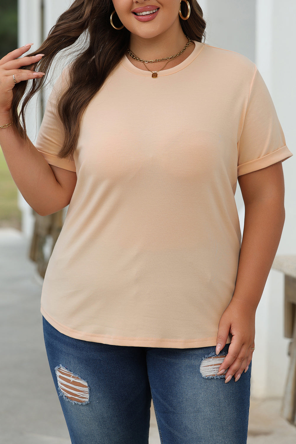 Casual (Tan) Basic T-Shirt with Cuffed Sleeves