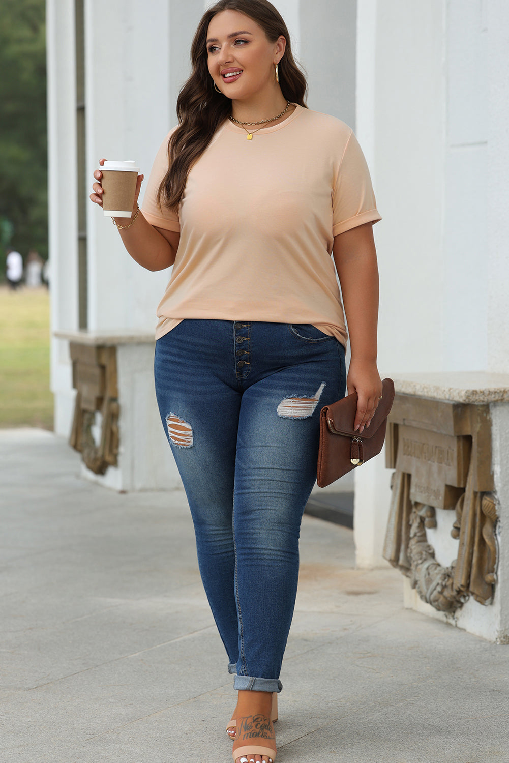 Casual (Tan) Basic T-Shirt with Cuffed Sleeves