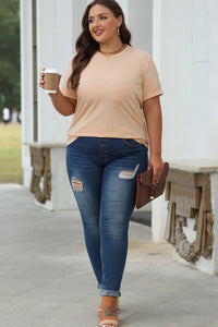 Casual (Tan) Basic T-Shirt with Cuffed Sleeves