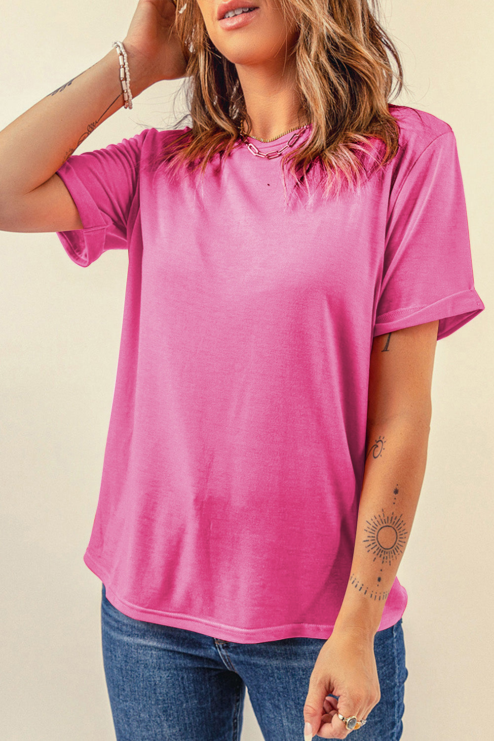 Casual (Bold Pink) Basic T-Shirt with Cuffed Sleeves