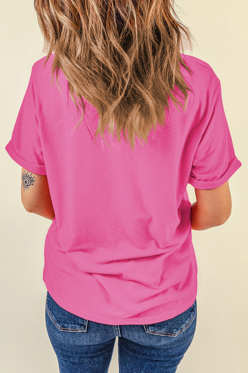 Casual (Bold Pink) Basic T-Shirt with Cuffed Sleeves