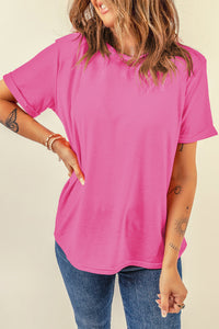 Casual (Bold Pink) Basic T-Shirt with Cuffed Sleeves
