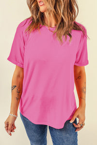 Casual (Bold Pink) Basic T-Shirt with Cuffed Sleeves