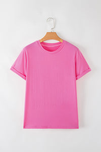Casual (Bold Pink) Basic T-Shirt with Cuffed Sleeves