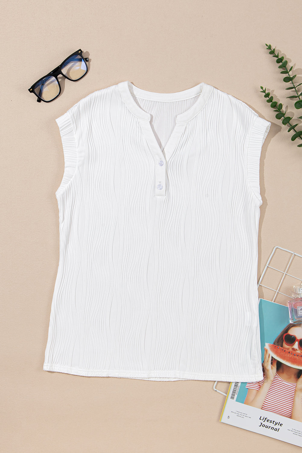 Textured-Wave (White) Lightweight V-Neck Top
