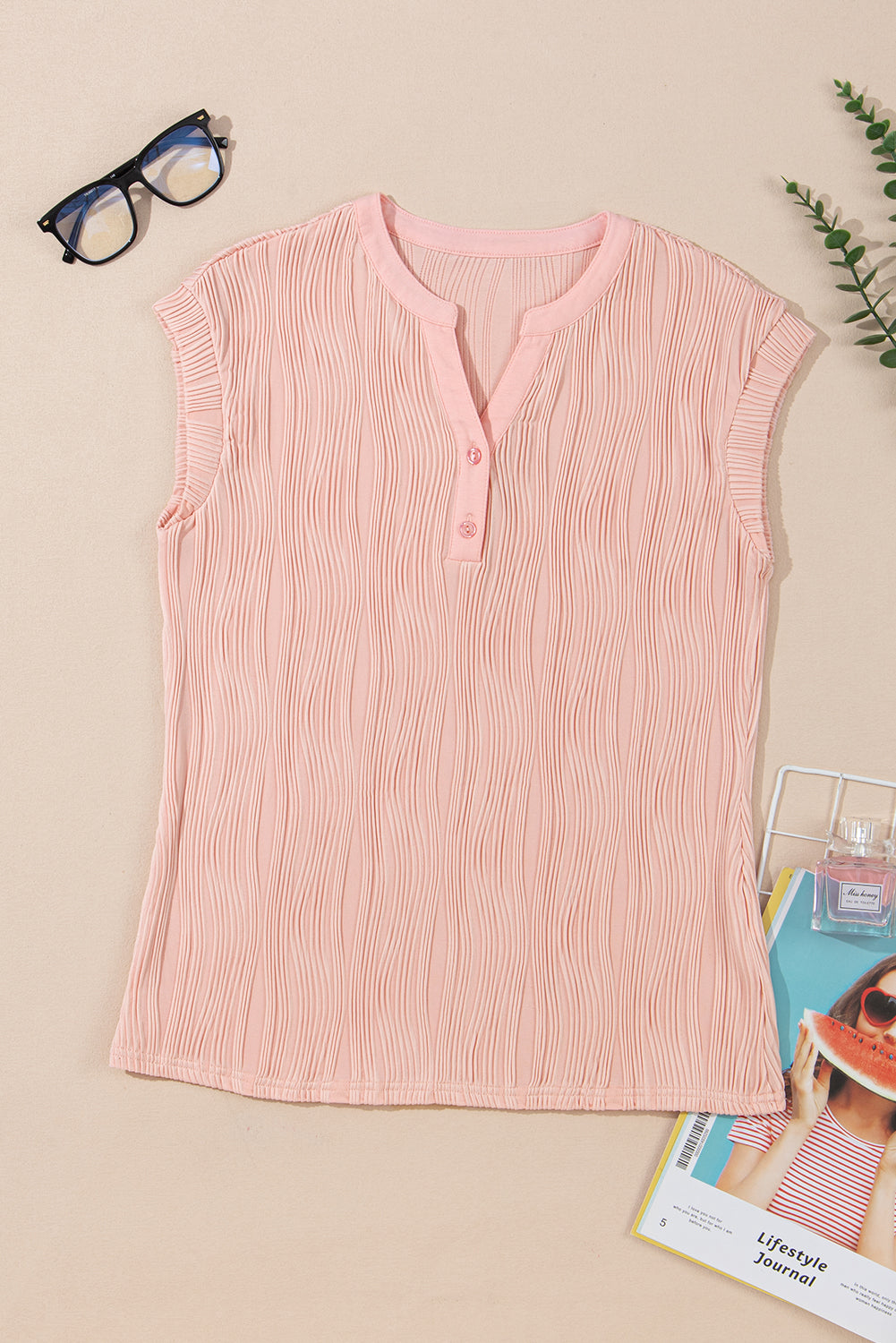 Textured-Wave (Pink) Lightweight V-Neck Top