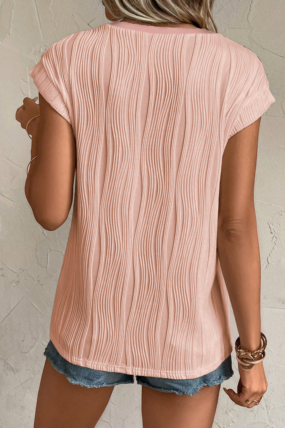 Textured-Wave (Pink) Lightweight V-Neck Top