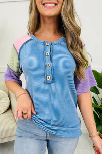 Sky Blue with Colorblock Elbow-Length Short Sleeve Top