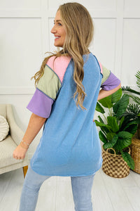 Sky Blue with Colorblock Elbow-Length Short Sleeve Top