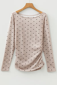 Boat Neck (Light Almond) Polka Dot Lightweight Long Sleeve Top