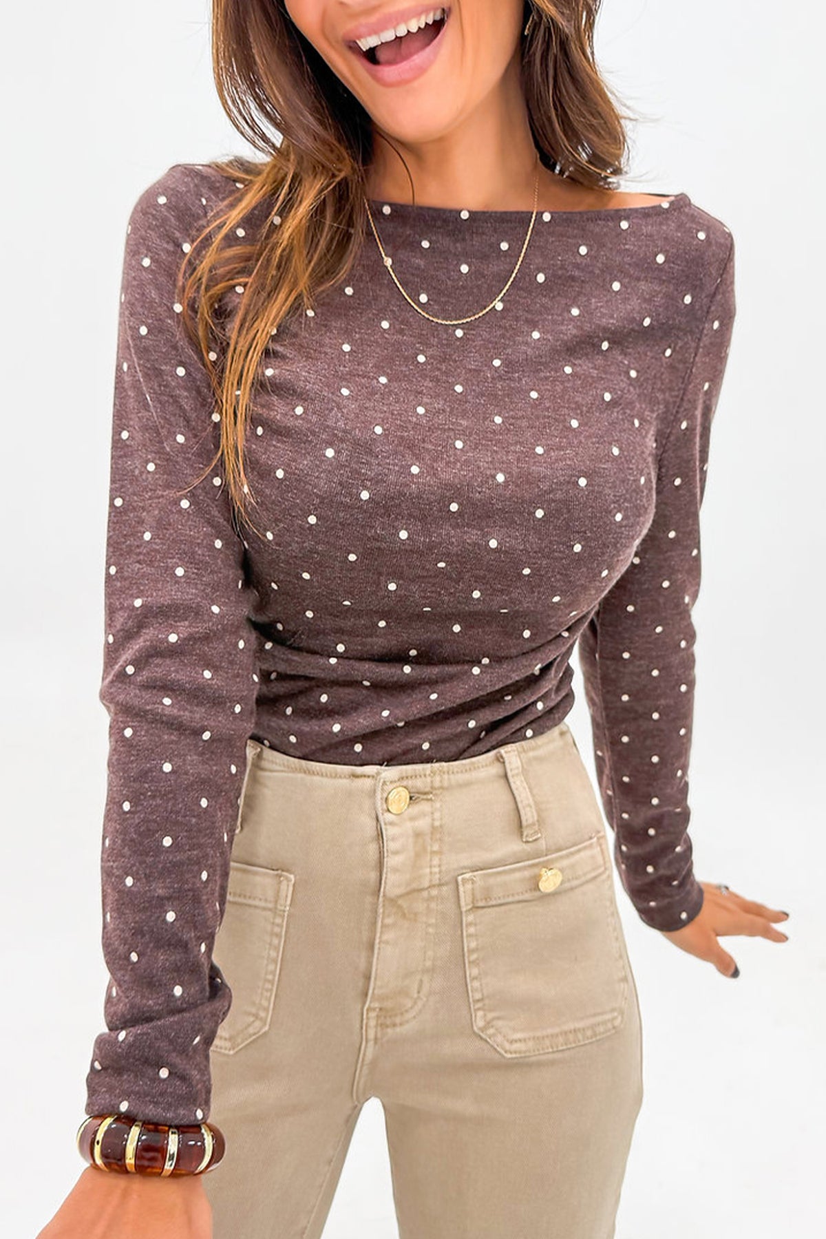 Boat Neck (Dark Brown) Polka Dot Lightweight Long Sleeve Top