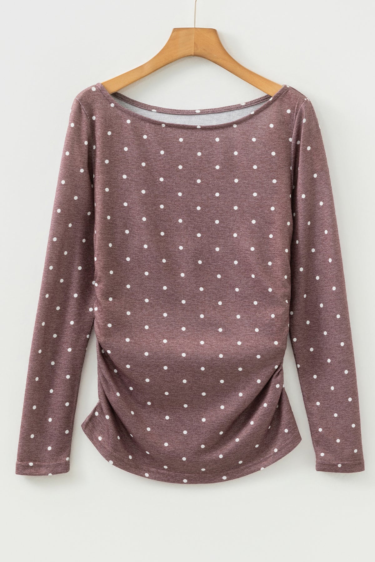 Boat Neck (Dark Brown) Polka Dot Lightweight Long Sleeve Top