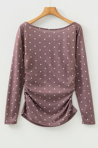 Boat Neck (Dark Brown) Polka Dot Lightweight Long Sleeve Top