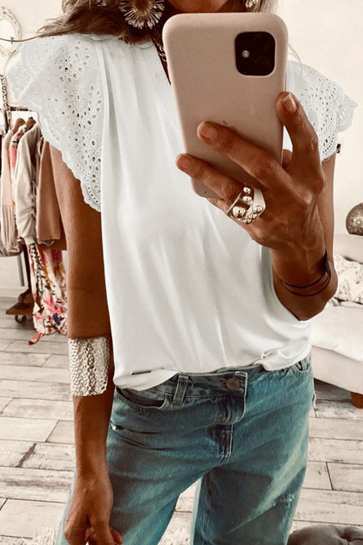 White V-Neck Cotton Top w/ Eyelet Embroidered Flutter Sleeve