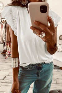 White V-Neck Cotton Top w/ Eyelet Embroidered Flutter Sleeve