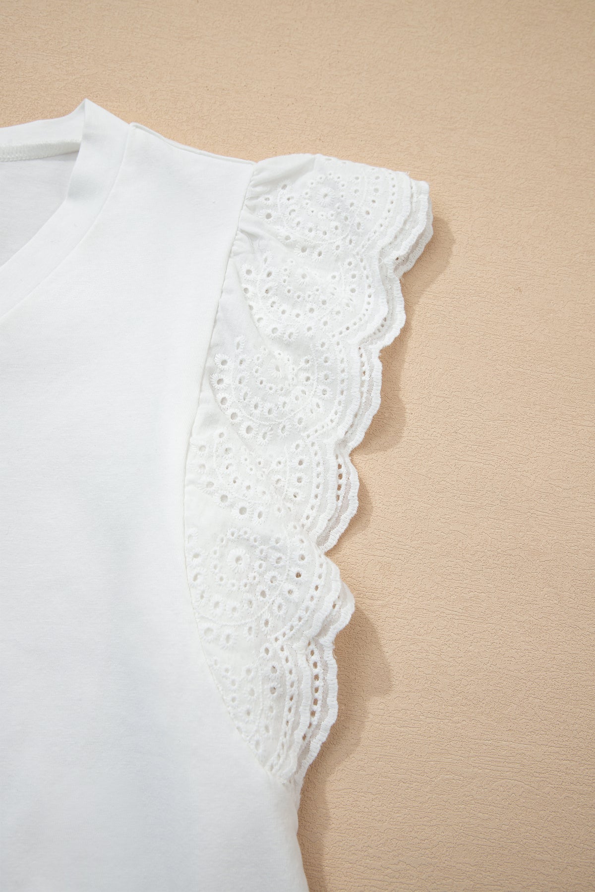White V-Neck Cotton Top w/ Eyelet Embroidered Flutter Sleeve