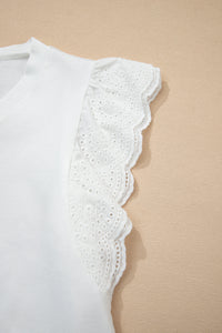White V-Neck Cotton Top w/ Eyelet Embroidered Flutter Sleeve
