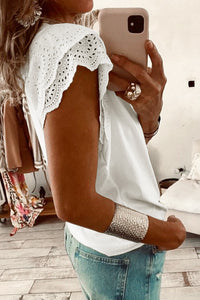 White V-Neck Cotton Top w/ Eyelet Embroidered Flutter Sleeve