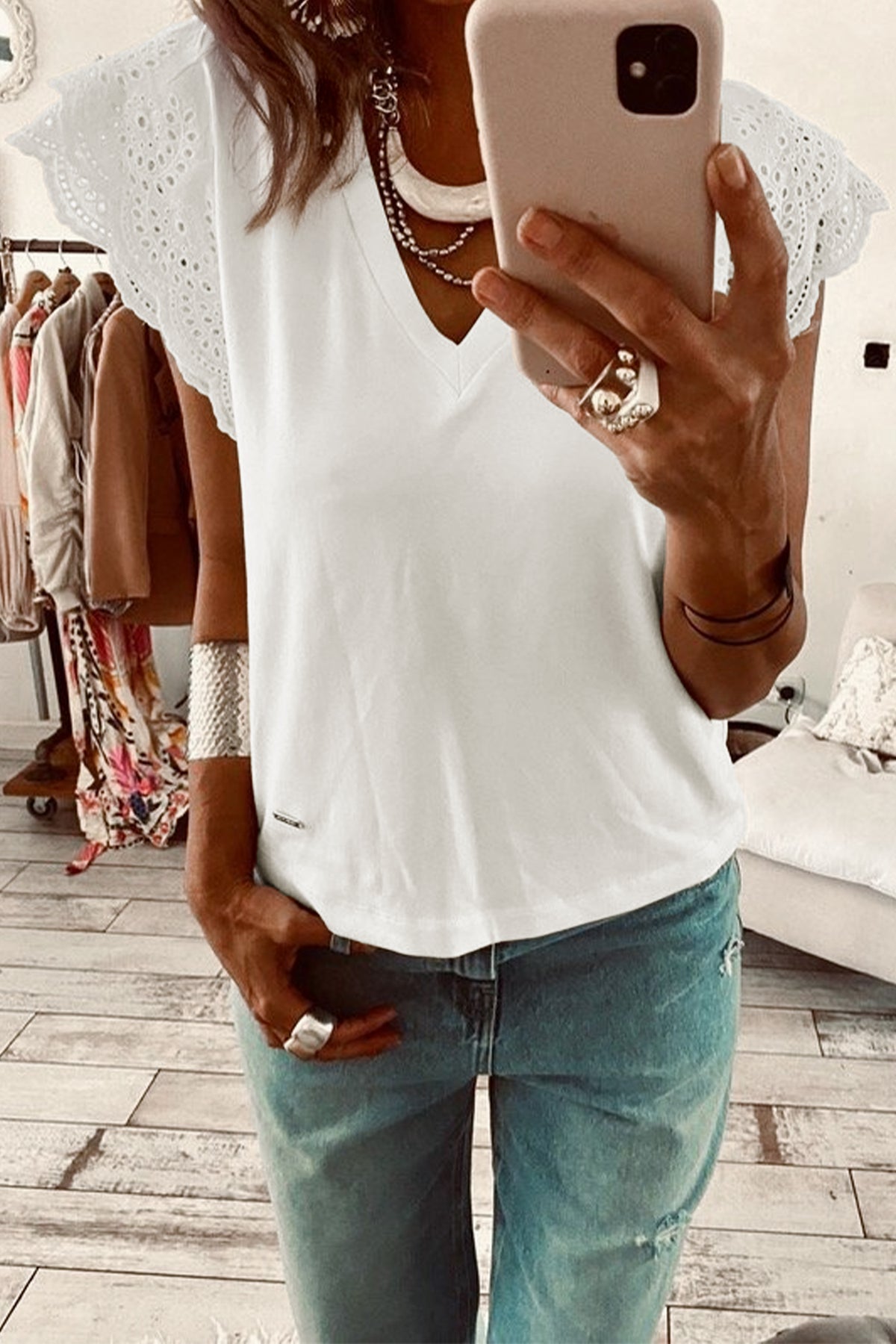 White V-Neck Cotton Top w/ Eyelet Embroidered Flutter Sleeve