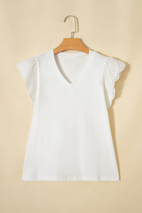 White V-Neck Cotton Top w/ Eyelet Embroidered Flutter Sleeve