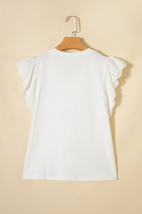 White V-Neck Cotton Top w/ Eyelet Embroidered Flutter Sleeve