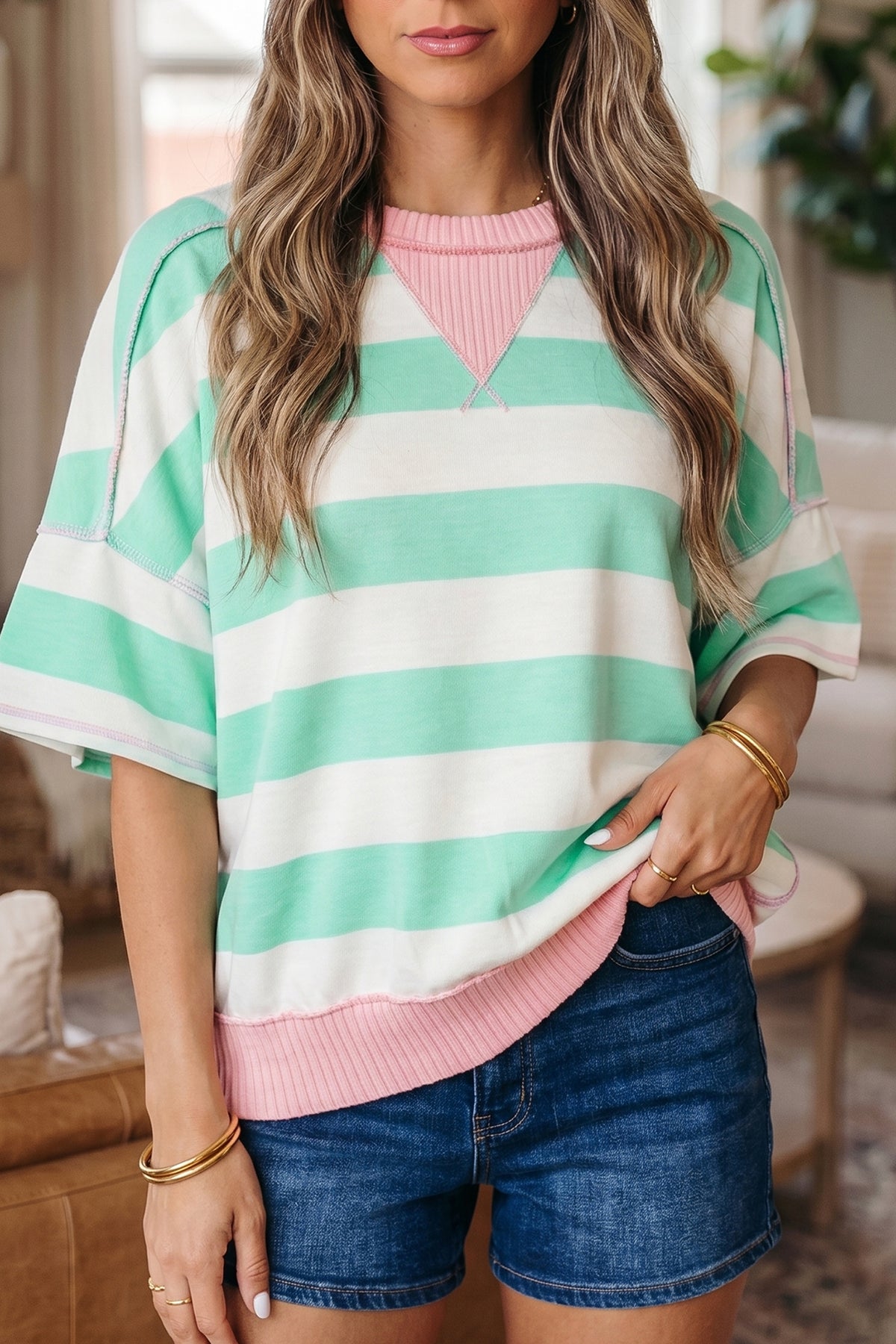 Mint Green & Cream Striped Oversized Top with Pink Contrasting Detail