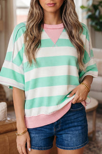 Mint Green & Cream Striped Oversized Top with Pink Contrasting Detail