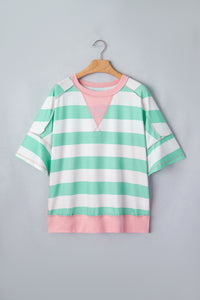 Mint Green & Cream Striped Oversized Top with Pink Contrasting Detail